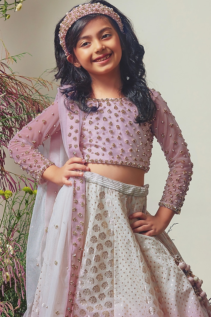 Ivory & Pink Chanderi Sequins Embroidered Ombre Lehenga Set For Girls by Daddys Princess by Priyanka Jain at Pernia's Pop Up Shop