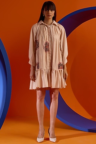 Ivory Art Twill Printed & Embroidered Shirt Dress by DRAMEBAAZ