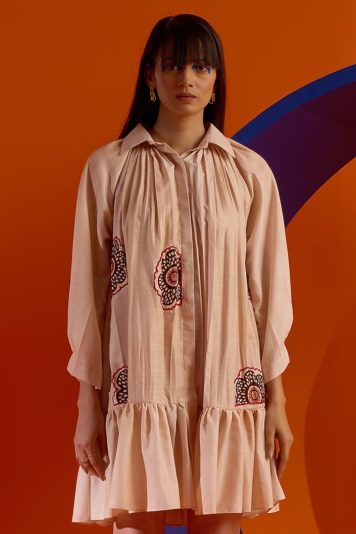 Ivory Art Twill Printed & Embroidered Summer Shirt Dress by DRAMEBAAZ at Pernia's Pop Up Shop