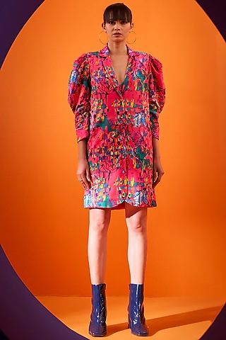 Pink Art Twill Printed & Embroidered Dress by DRAMEBAAZ