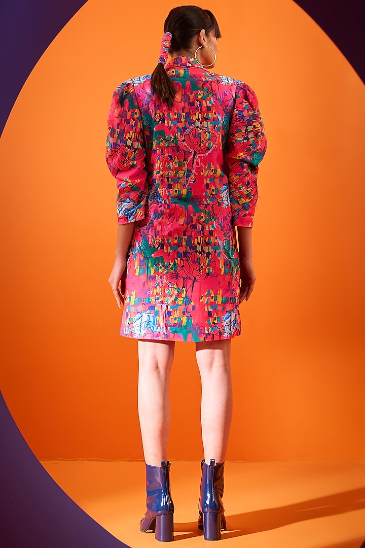 Pink Art Twill Printed & Embroidered Summer Dress by DRAMEBAAZ at Pernia's Pop Up Shop