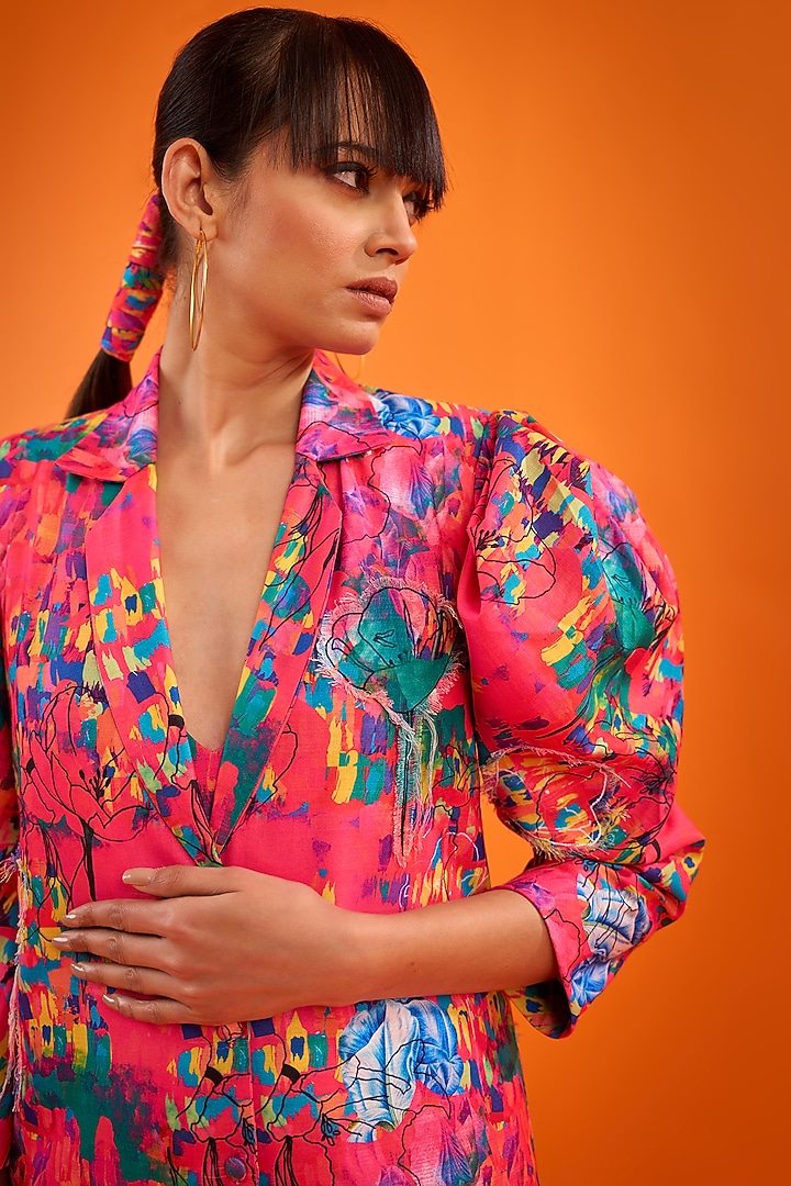 Pink Art Twill Printed & Embroidered Summer Dress by DRAMEBAAZ at Pernia's Pop Up Shop