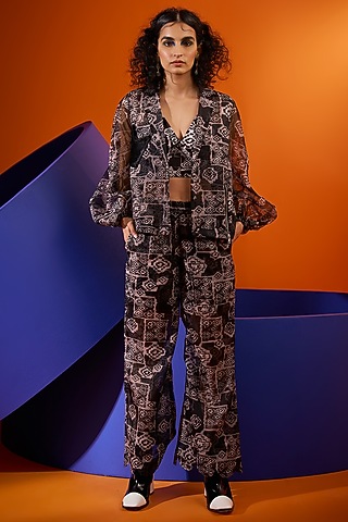 Black Art Twill & Organza Printed Jacket Set by DRAMEBAAZ