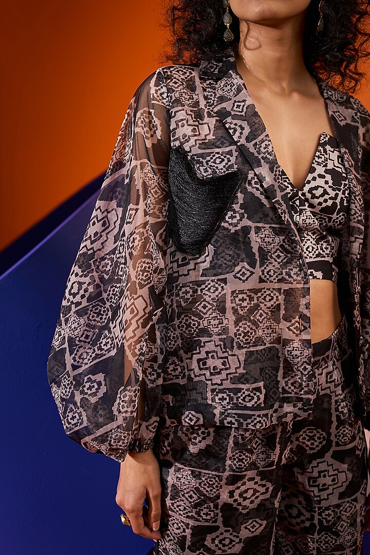Black Art Twill & Organza Printed Jacket Set by DRAMEBAAZ at Pernia's Pop Up Shop