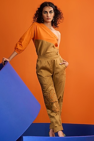 Tan Cotton Embroidered Pant Set by DRAMEBAAZ