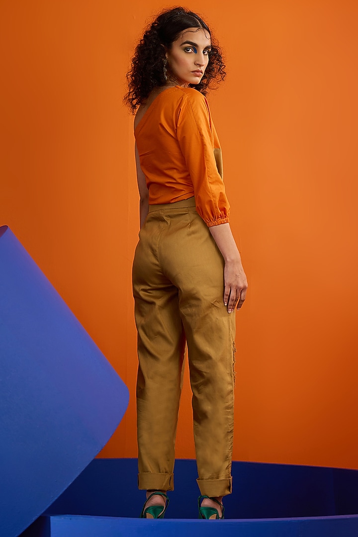 Tan Cotton Embroidered Pant Set by DRAMEBAAZ at Pernia's Pop Up Shop