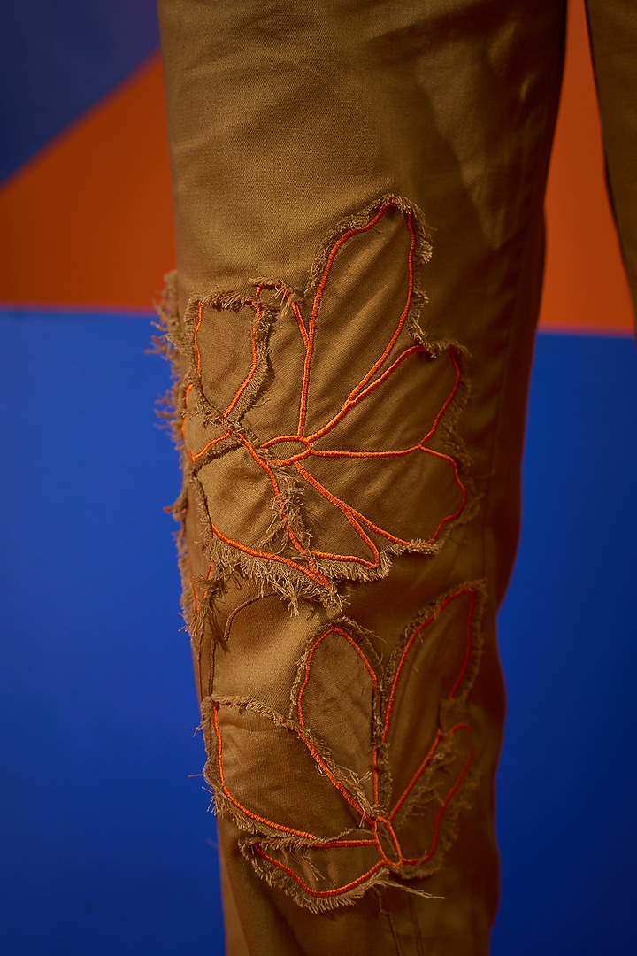 Tan Cotton Embroidered Pant Set by DRAMEBAAZ at Pernia's Pop Up Shop