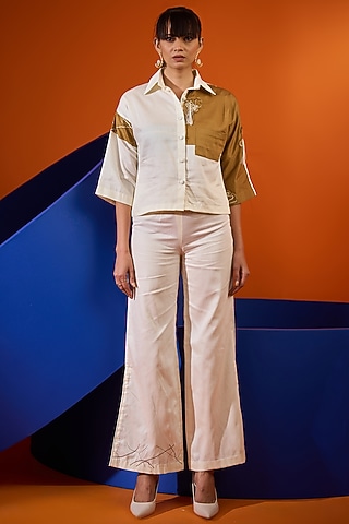 White & Tan Cotton Co-Ord Set by DRAMEBAAZ