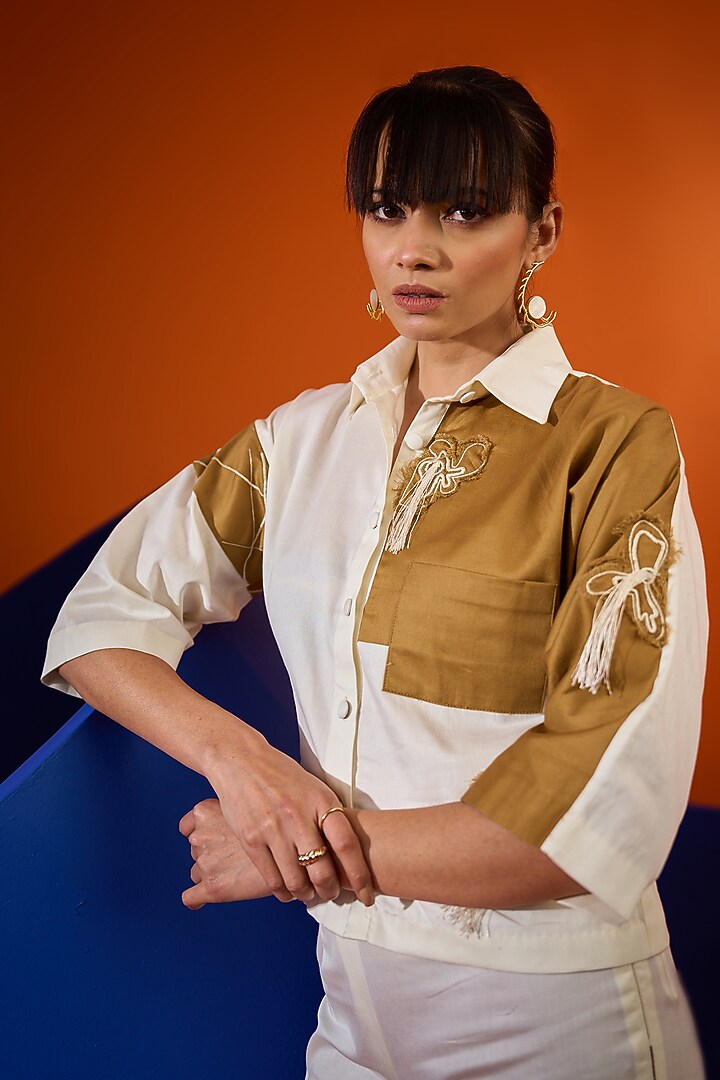 White & Tan Cotton Co-Ord Set by DRAMEBAAZ at Pernia's Pop Up Shop