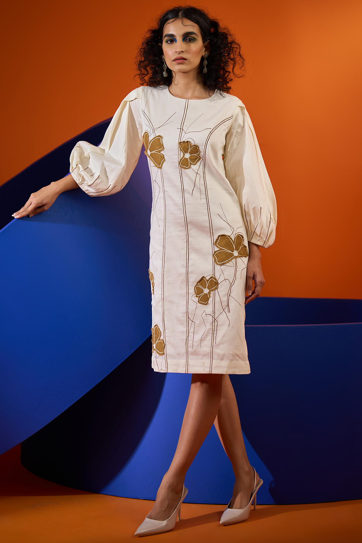 White & Tan Cotton Embroidered Dress by DRAMEBAAZ
