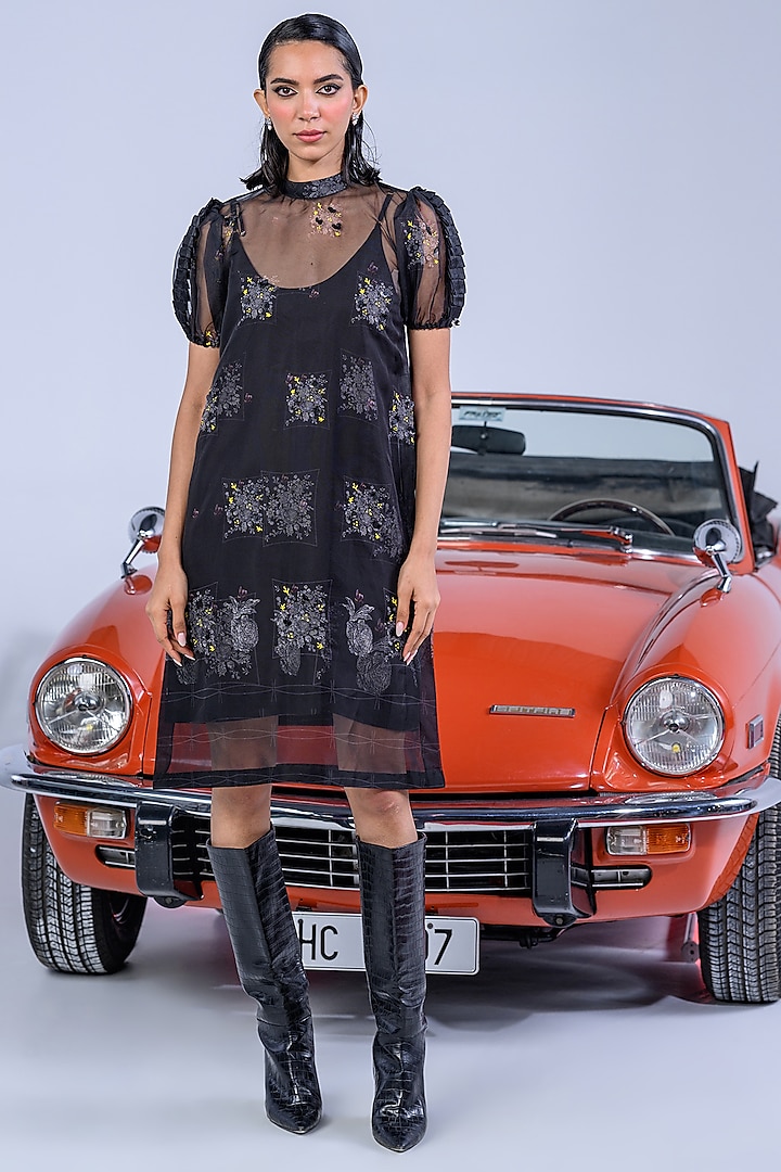 Black Cotton Denim Twill Embroidered Dress by DRAMEBAAZ at Pernia's Pop Up Shop