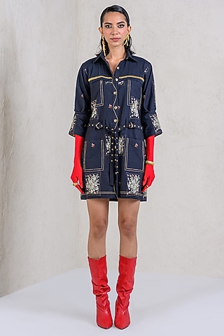 Black Cotton Denim Twill Printed Dress by DRAMEBAAZ