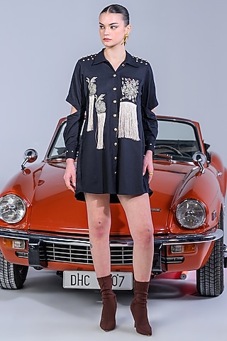 Black Cotton Denim Twill Embroidered Dress by DRAMEBAAZ