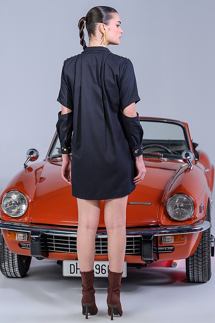 Black Cotton Denim Twill Embroidered Summer Dress by DRAMEBAAZ at Pernia's Pop Up Shop