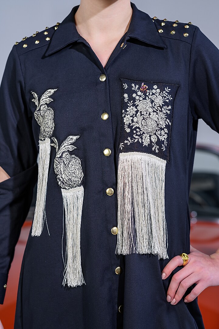 Black Cotton Denim Twill Embroidered Summer Dress by DRAMEBAAZ at Pernia's Pop Up Shop