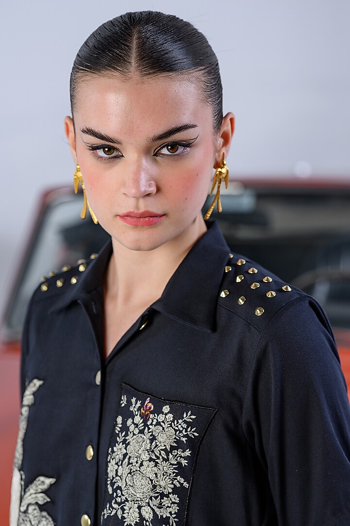 Black Cotton Denim Twill Embroidered Summer Dress by DRAMEBAAZ at Pernia's Pop Up Shop