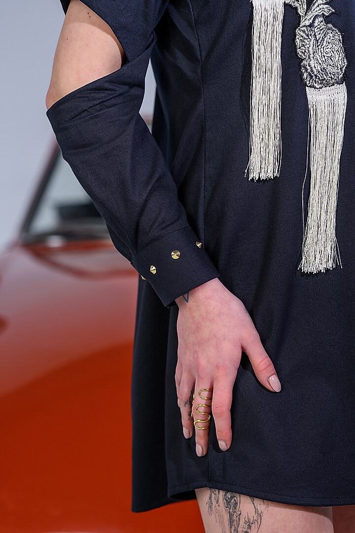 Black Cotton Denim Twill Embroidered Summer Dress by DRAMEBAAZ at Pernia's Pop Up Shop