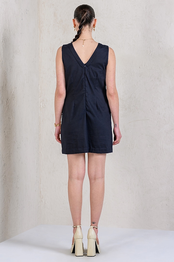 Black Cotton Denim Twill Floral Printed & Applique Embroidered Summer Dress by DRAMEBAAZ at Pernia's Pop Up Shop