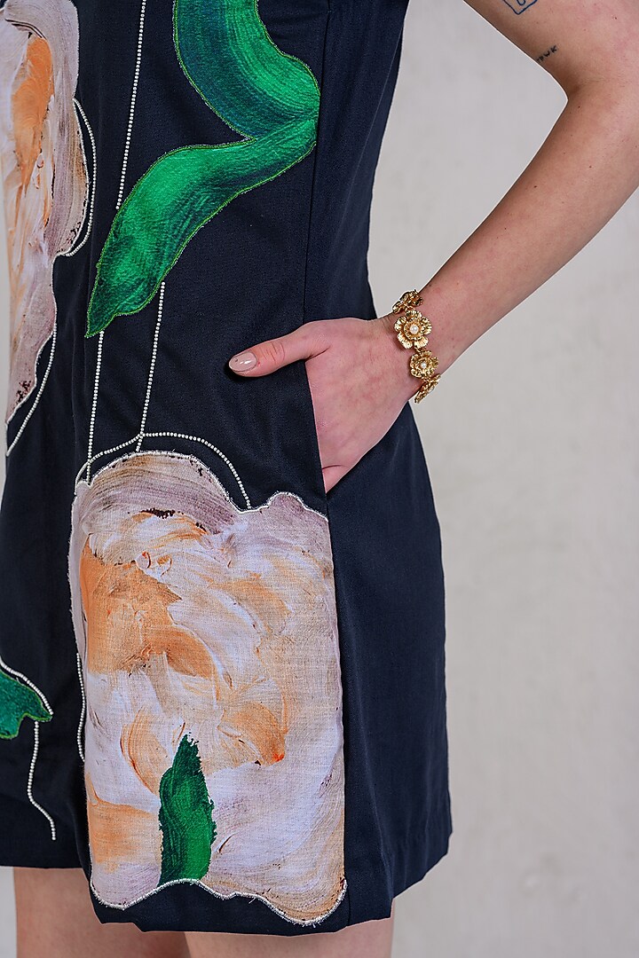 Black Cotton Denim Twill Floral Printed & Applique Embroidered Summer Dress by DRAMEBAAZ at Pernia's Pop Up Shop