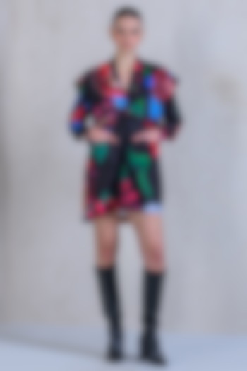 Black Art Twill Floral Printed & Applique Embroidered Summer Dress by DRAMEBAAZ at Pernia's Pop Up Shop