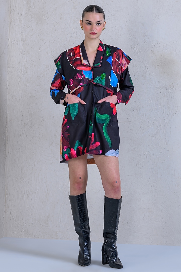 Black Art Twill Floral Printed & Applique Embroidered Summer Dress by DRAMEBAAZ at Pernia's Pop Up Shop