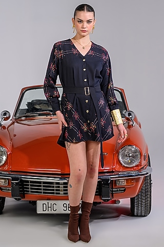 Black Cotton Denim Twill Embroidered Dress by DRAMEBAAZ