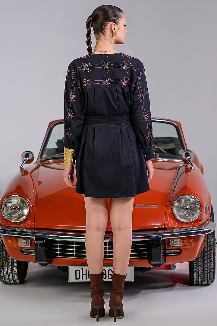 Black Cotton Denim Twill Embroidered Summer Dress by DRAMEBAAZ at Pernia's Pop Up Shop