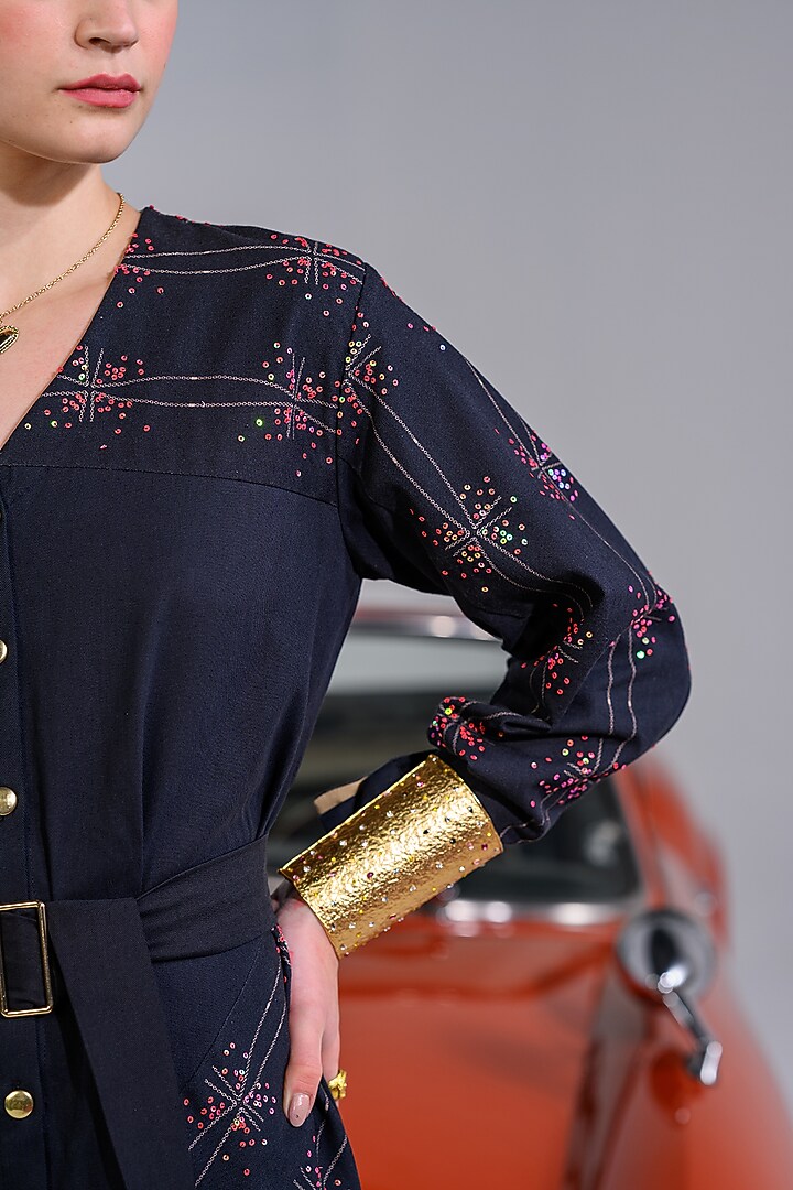 Black Cotton Denim Twill Embroidered Summer Dress by DRAMEBAAZ at Pernia's Pop Up Shop
