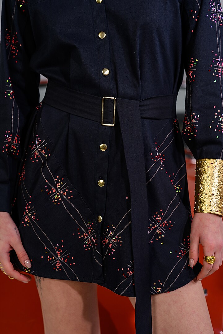 Black Cotton Denim Twill Embroidered Summer Dress by DRAMEBAAZ at Pernia's Pop Up Shop