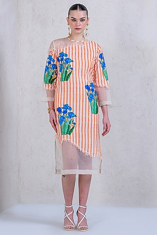 Zesty Orange Art Twill & Organza Floral Applique Embroidered Dress by DRAMEBAAZ