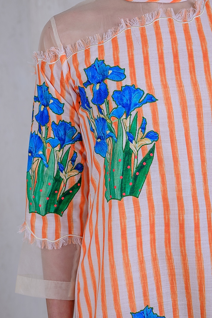 Zesty Orange Art Twill & Organza Floral Applique Embroidered Summer Dress by DRAMEBAAZ at Pernia's Pop Up Shop