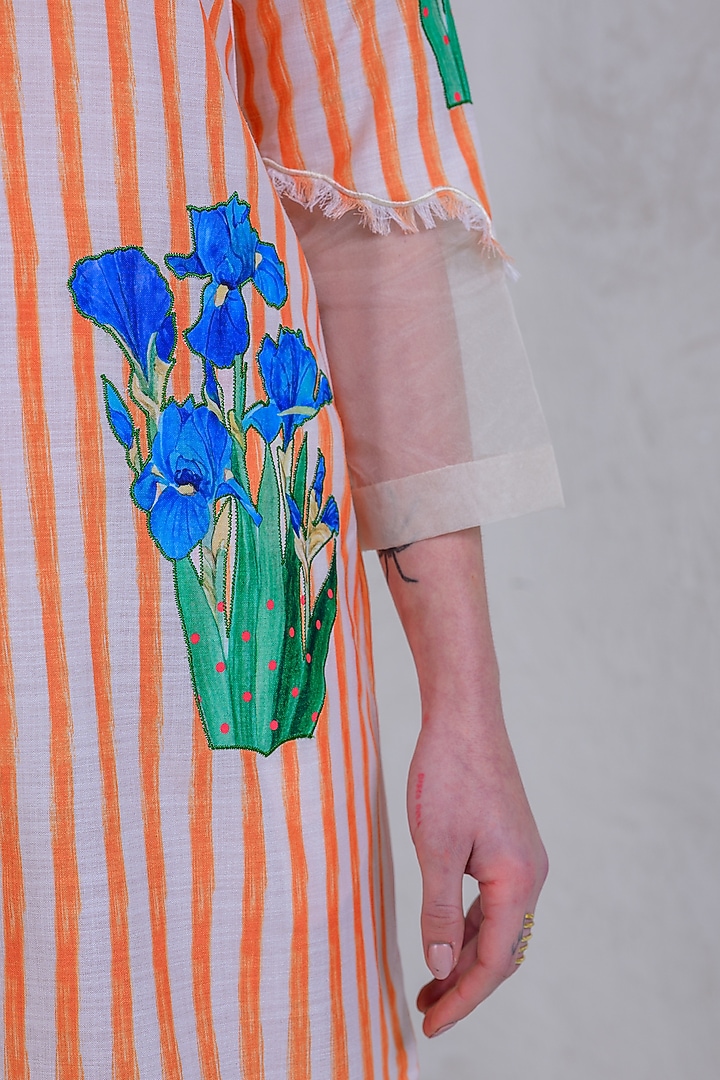Zesty Orange Art Twill & Organza Floral Applique Embroidered Summer Dress by DRAMEBAAZ at Pernia's Pop Up Shop
