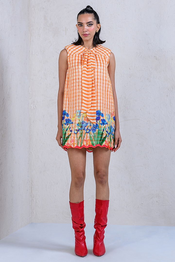 Orange Art Twill & Organza Sequins Embroidered Checkered Dress by DRAMEBAAZ at Pernia's Pop Up Shop