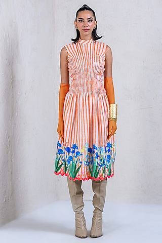 Orange Art Twill Floral Printed Striped Dress by DRAMEBAAZ