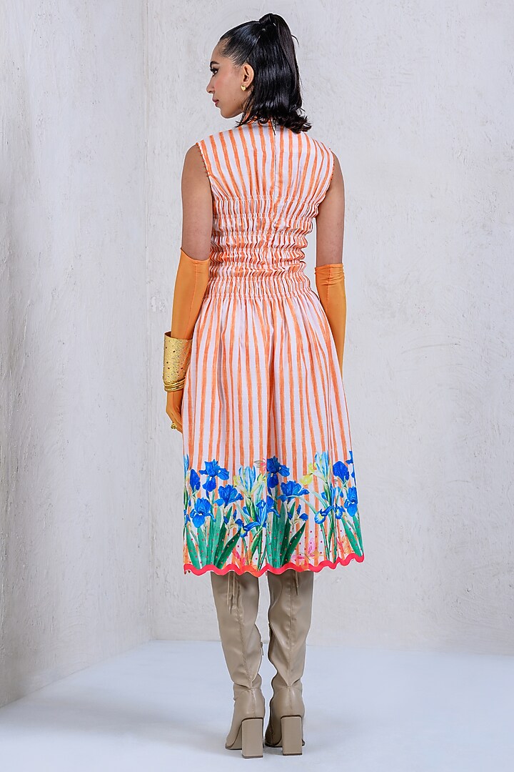 Orange Art Twill Floral Printed Striped Summer Dress by DRAMEBAAZ at Pernia's Pop Up Shop