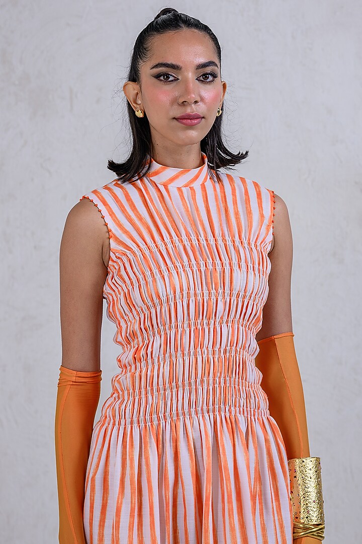 Orange Art Twill Floral Printed Striped Summer Dress by DRAMEBAAZ at Pernia's Pop Up Shop