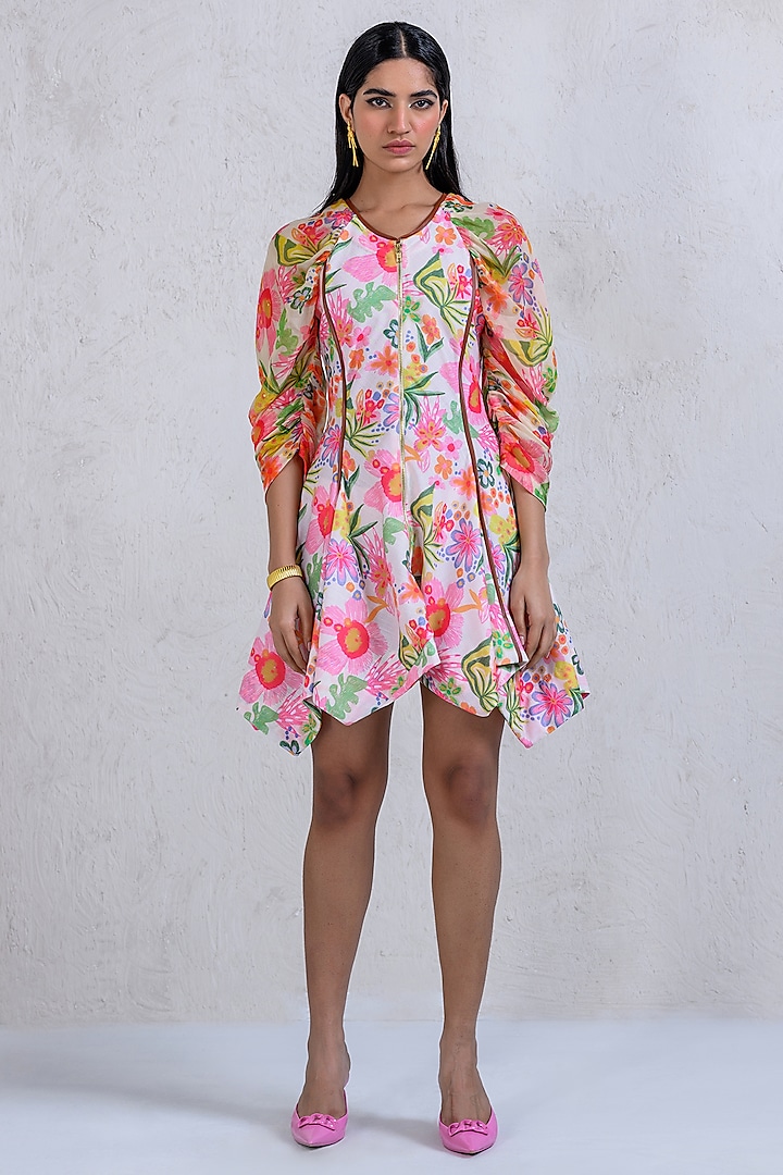 Multi-Colored Art Twill & Organza Asymmetric Dress by DRAMEBAAZ at Pernia's Pop Up Shop