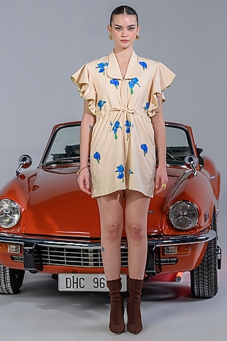 Off-White Cotton Denim Twill Floral Applique Embroidered Dress by DRAMEBAAZ
