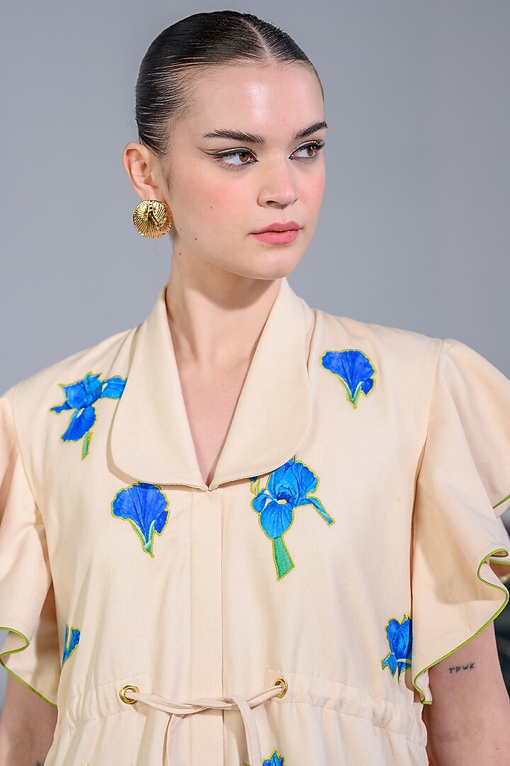 Off-White Cotton Denim Twill Floral Applique Embroidered Summer Dress by DRAMEBAAZ at Pernia's Pop Up Shop