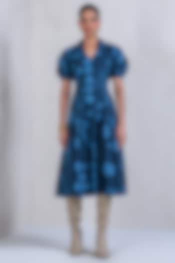 Dark Blue Cotton Denim Twill Printed Dress by DRAMEBAAZ at Pernia's Pop Up Shop