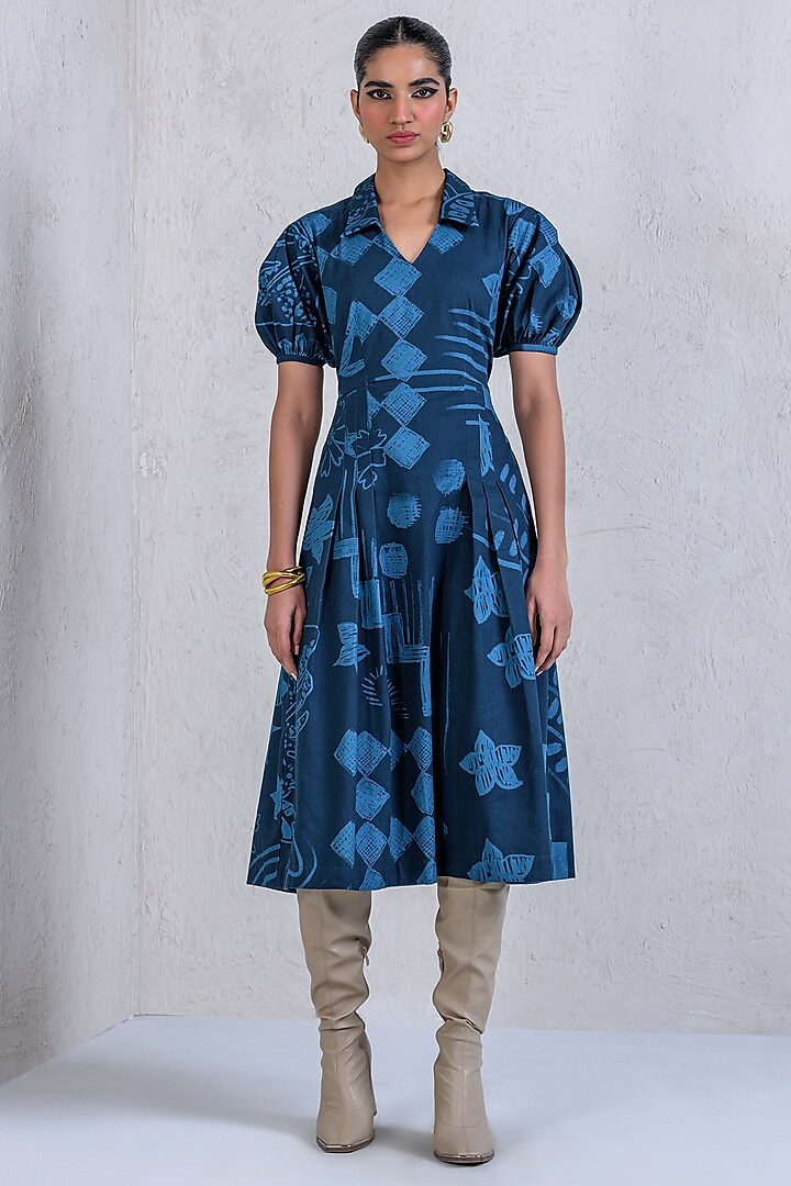 Dark Blue Cotton Denim Twill Printed Dress by DRAMEBAAZ at Pernia's Pop Up Shop