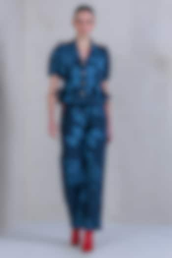 Dark Blue Cotton Denim Twill Printed Co-Ord Set by DRAMEBAAZ at Pernia's Pop Up Shop