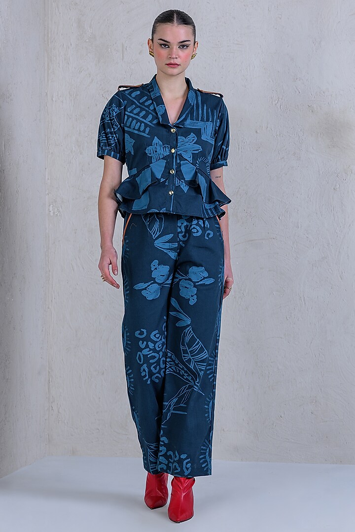 Dark Blue Cotton Denim Twill Printed Co-Ord Set by DRAMEBAAZ at Pernia's Pop Up Shop