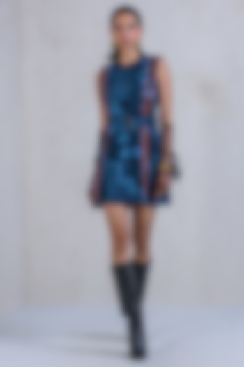 Dark Blue Cotton Denim Twill Printed Dress by DRAMEBAAZ at Pernia's Pop Up Shop