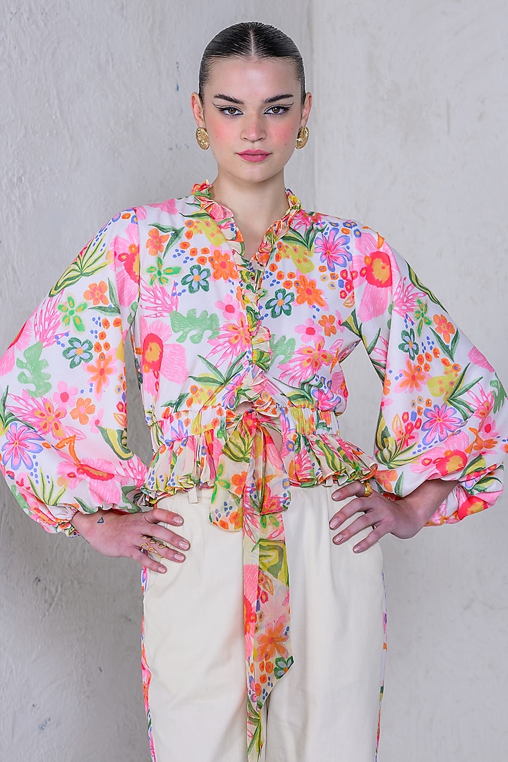 Multi-Colored Art Twill & Organza Printed Shirt by DRAMEBAAZ