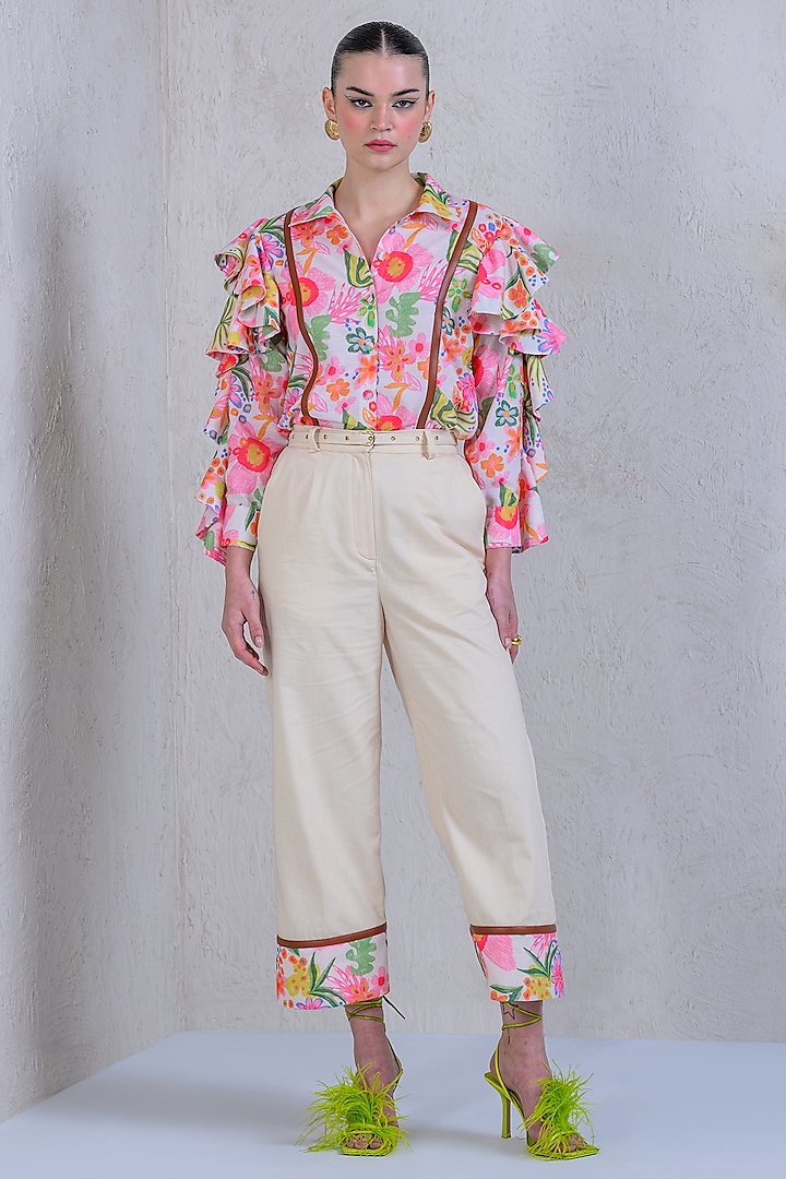 White Art Twill & Cotton Denim Twill Printed Co-Ord Set by DRAMEBAAZ at Pernia's Pop Up Shop