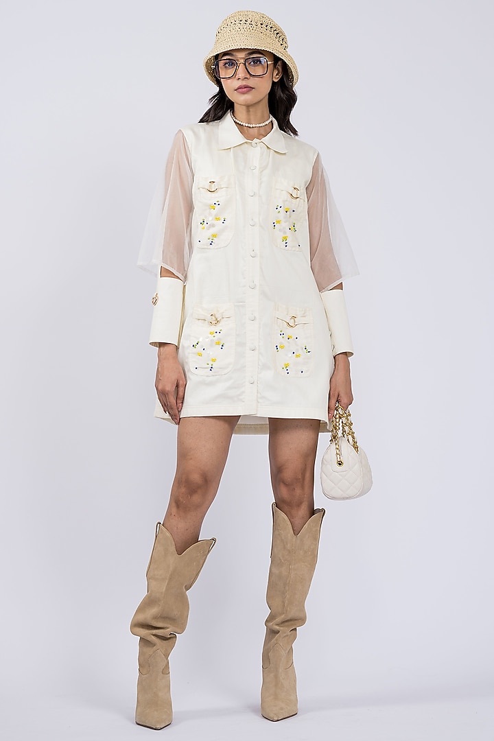 Off-White Cotton Embroidered Shirt Dress by DRAMEBAAZ