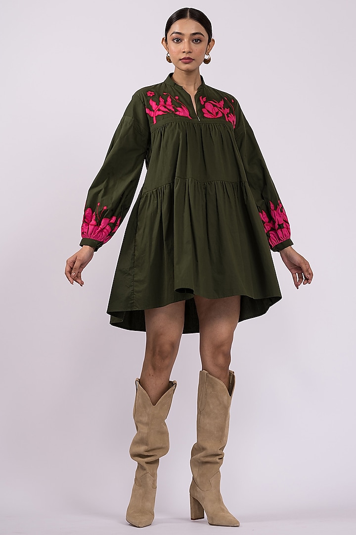 Olive Green Cotton Tiered Embroidered Dress by DRAMEBAAZ