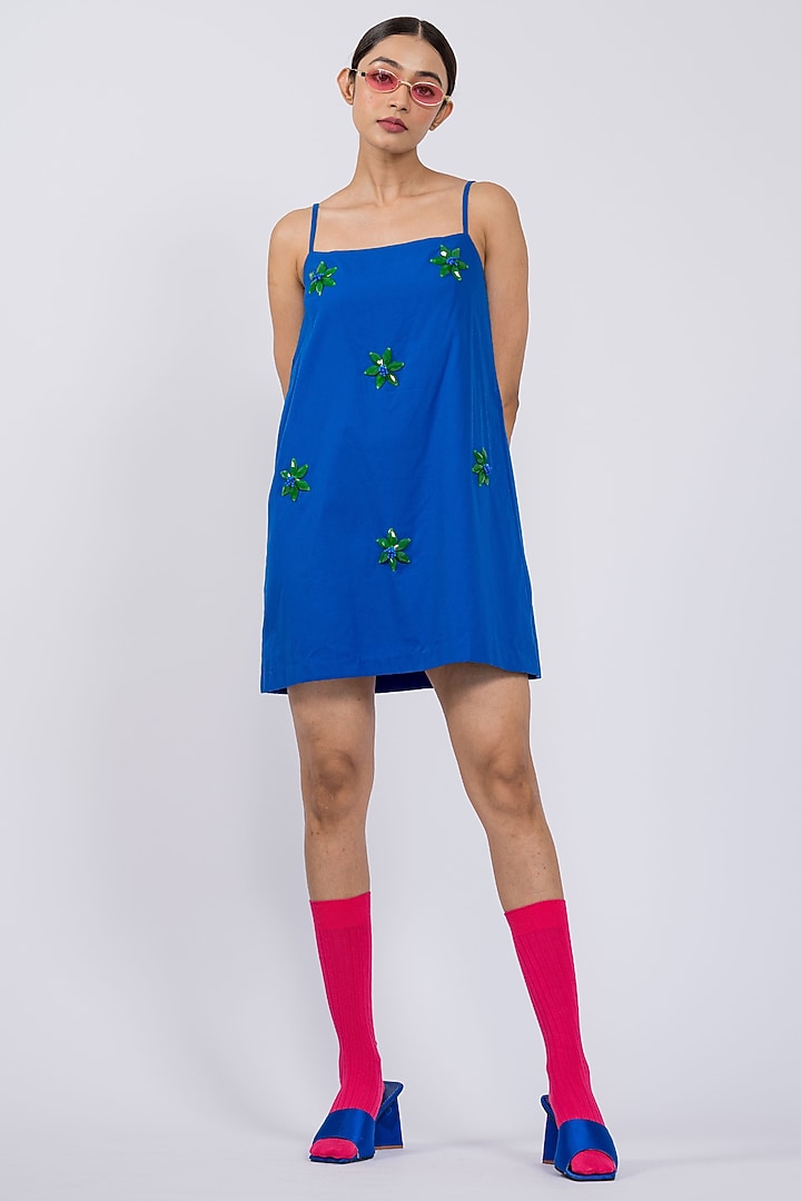 Electric Blue Cotton Embellished Spaghetti Summer Dress by DRAMEBAAZ at Pernia's Pop Up Shop