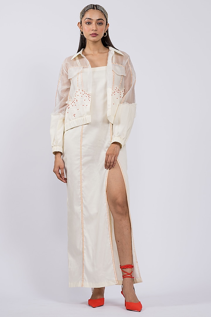 Off-White Organza Embellished Jacket Dress by DRAMEBAAZ at